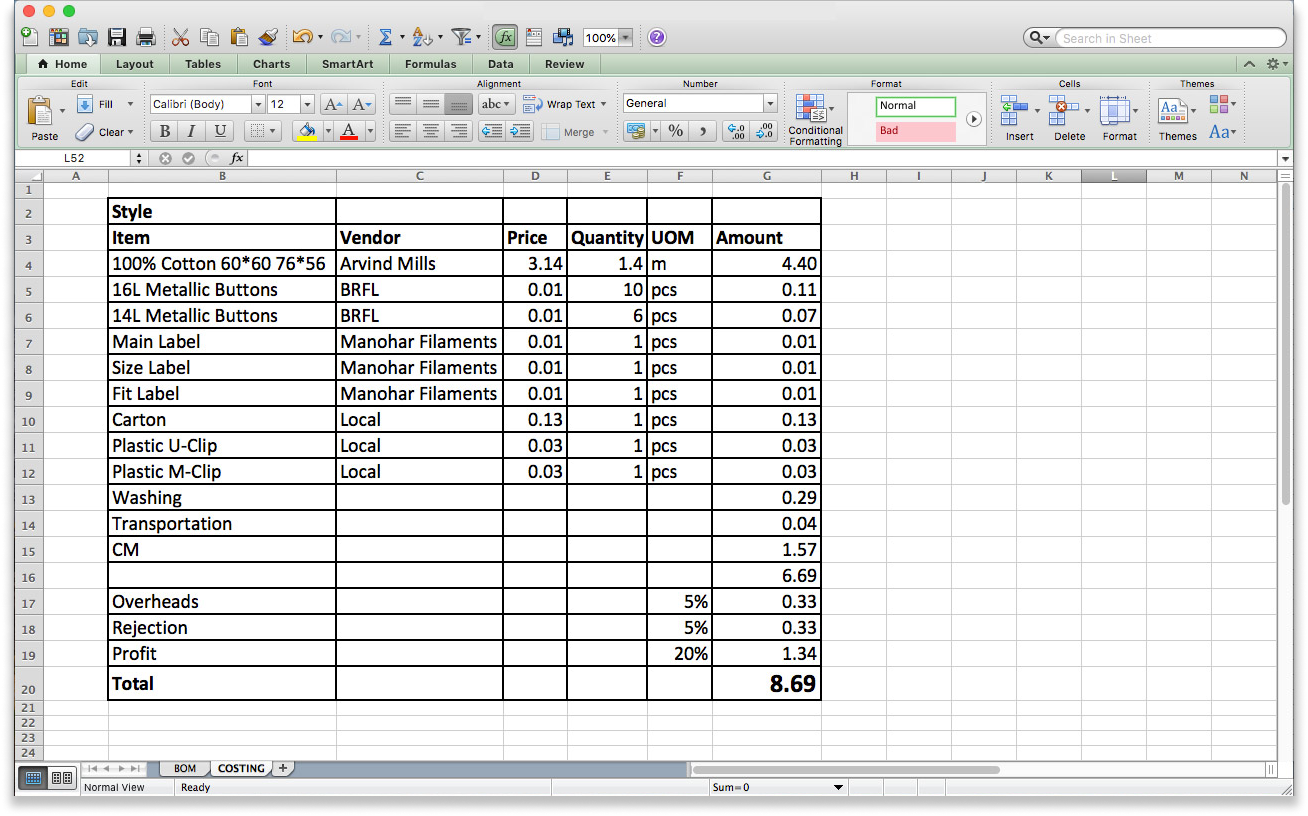 costing sheet template excel