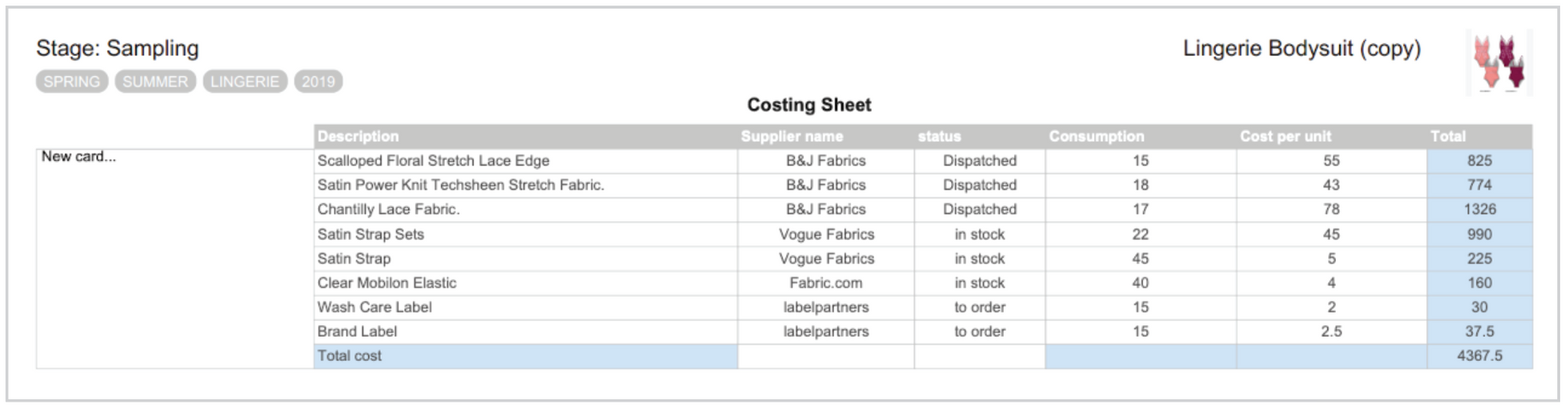 Example of a garment Cost Sheet