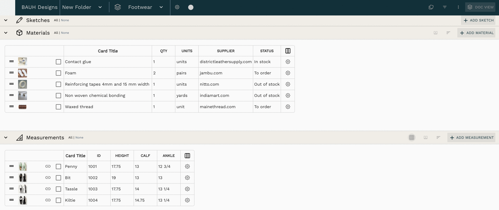 Tech Pack Bill of Materials