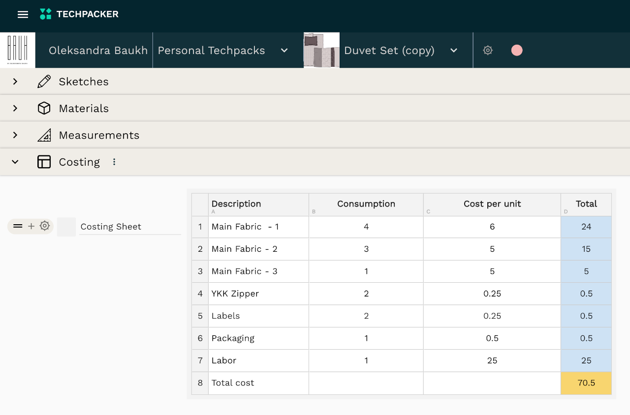 Duvet set tech pack costing sheet