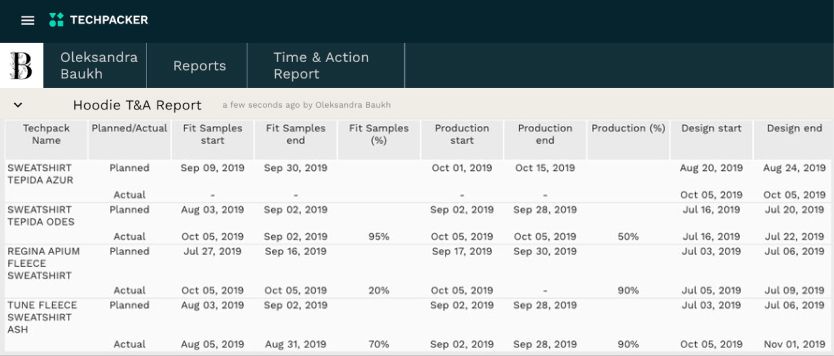 A Time and Action report preview