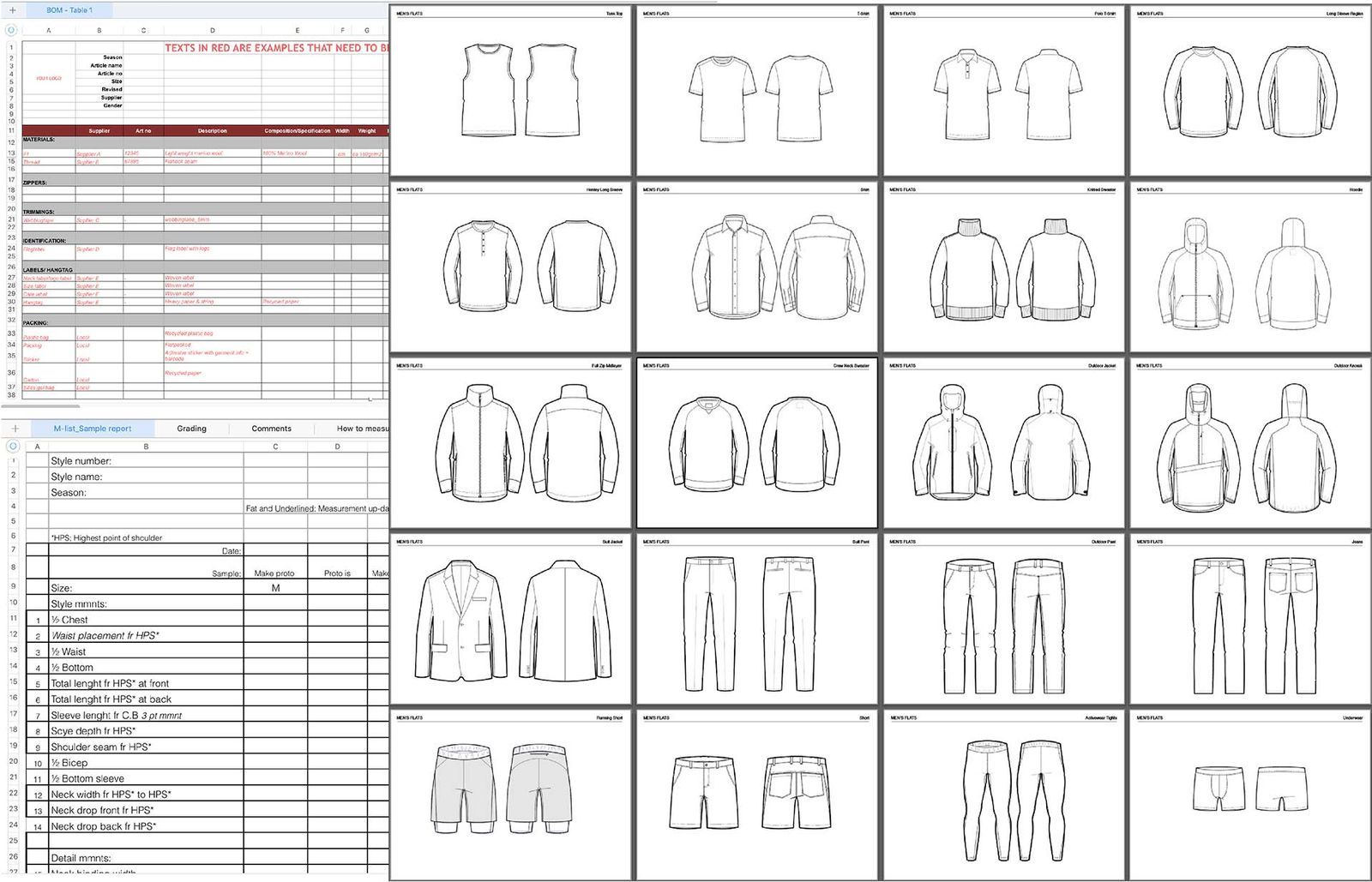 Garment collection developed using CAD (above) and developed