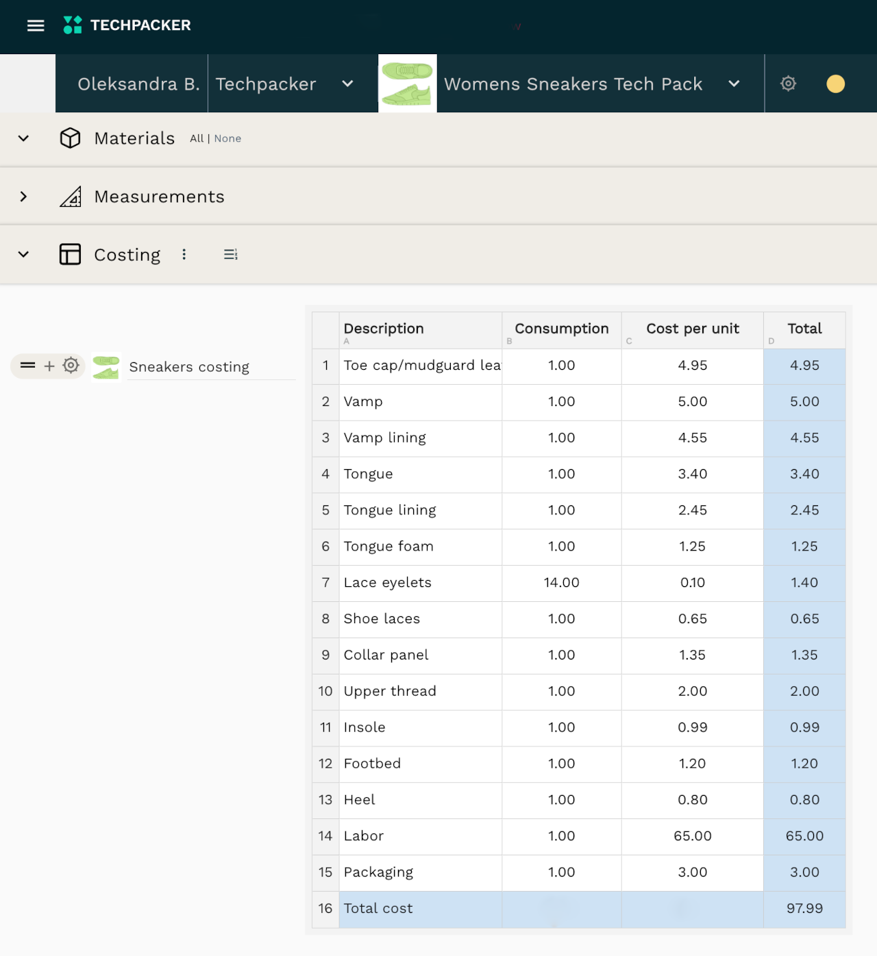 Techpacker sneakers costing sheet