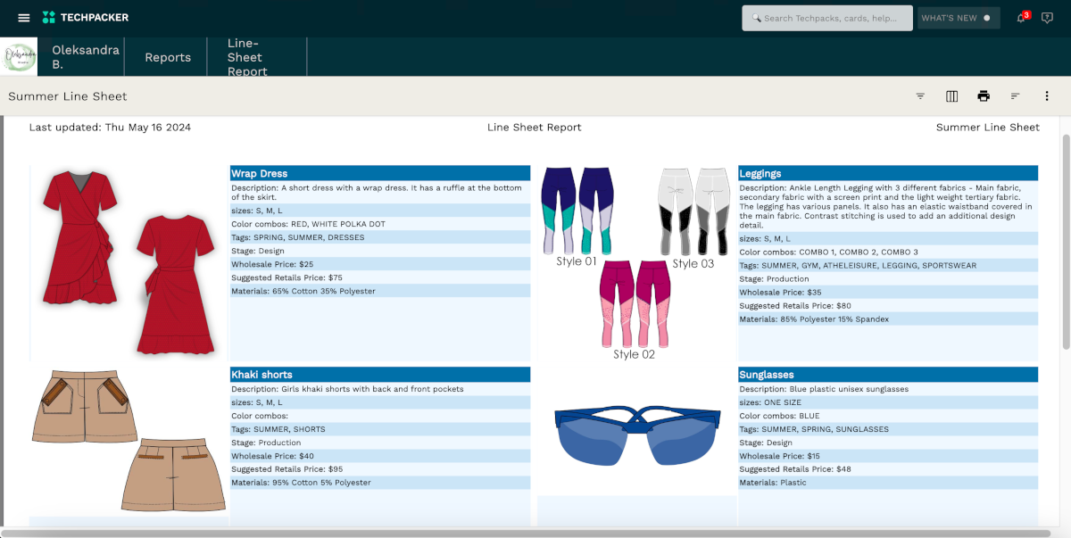 Techpacker Line Sheet report