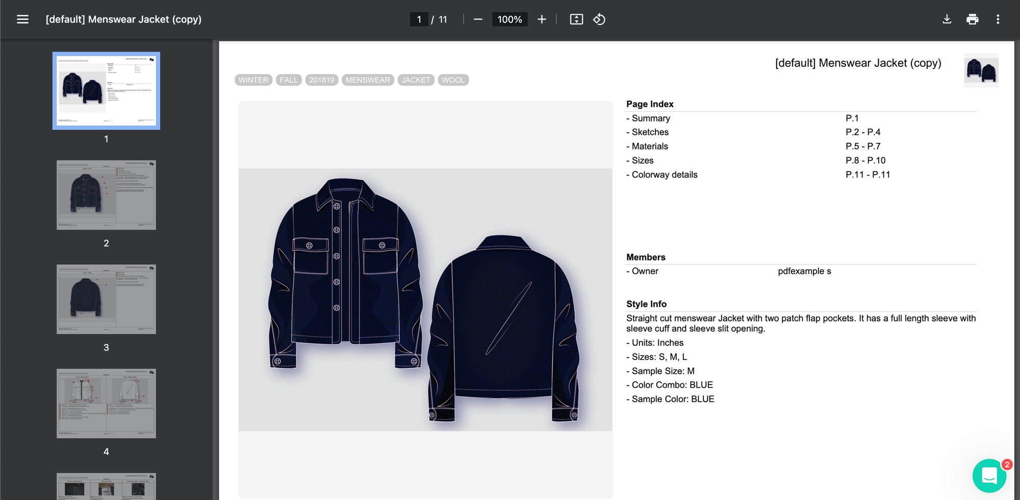 Menswear jacket tech pack example