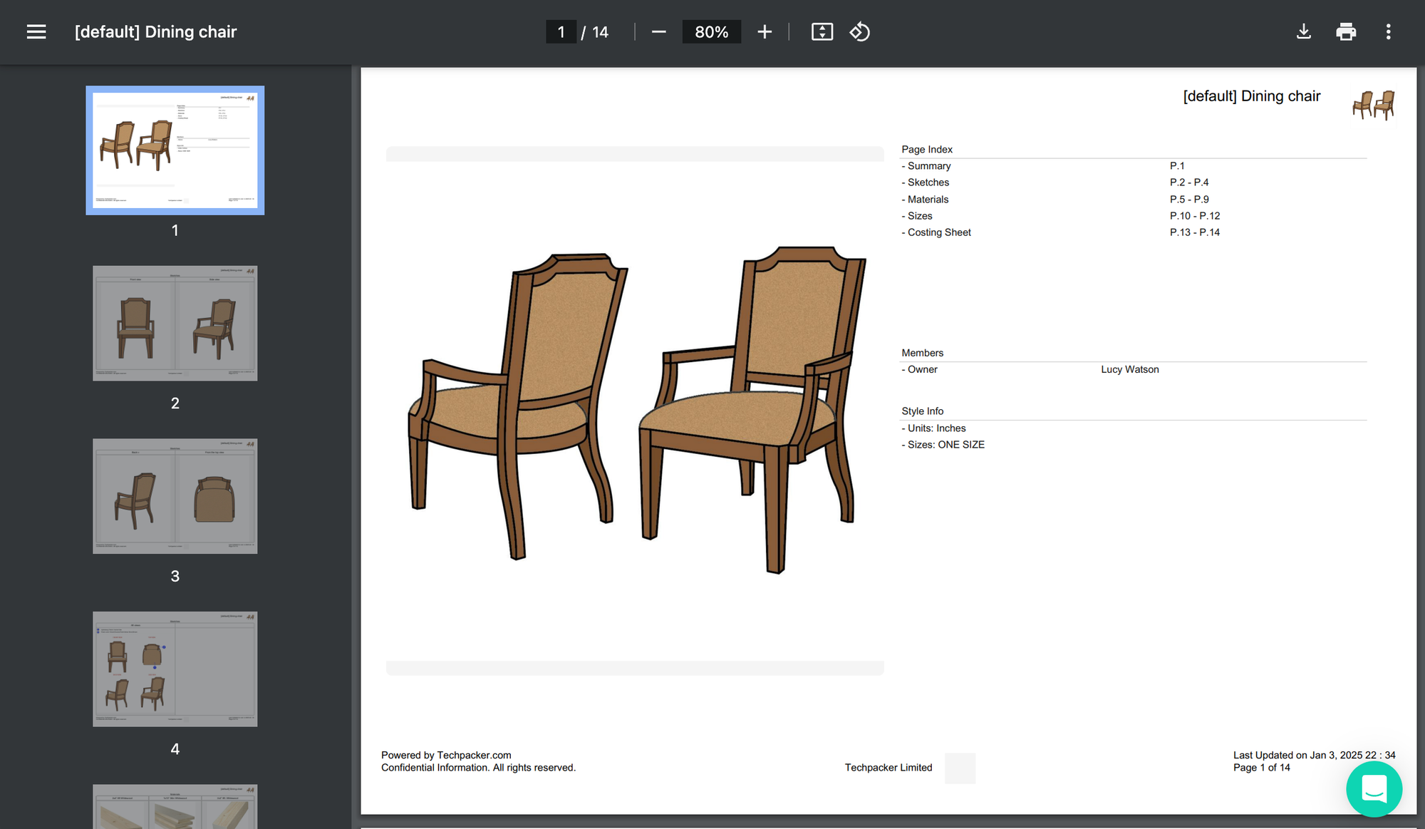 Dining chair tech pack example