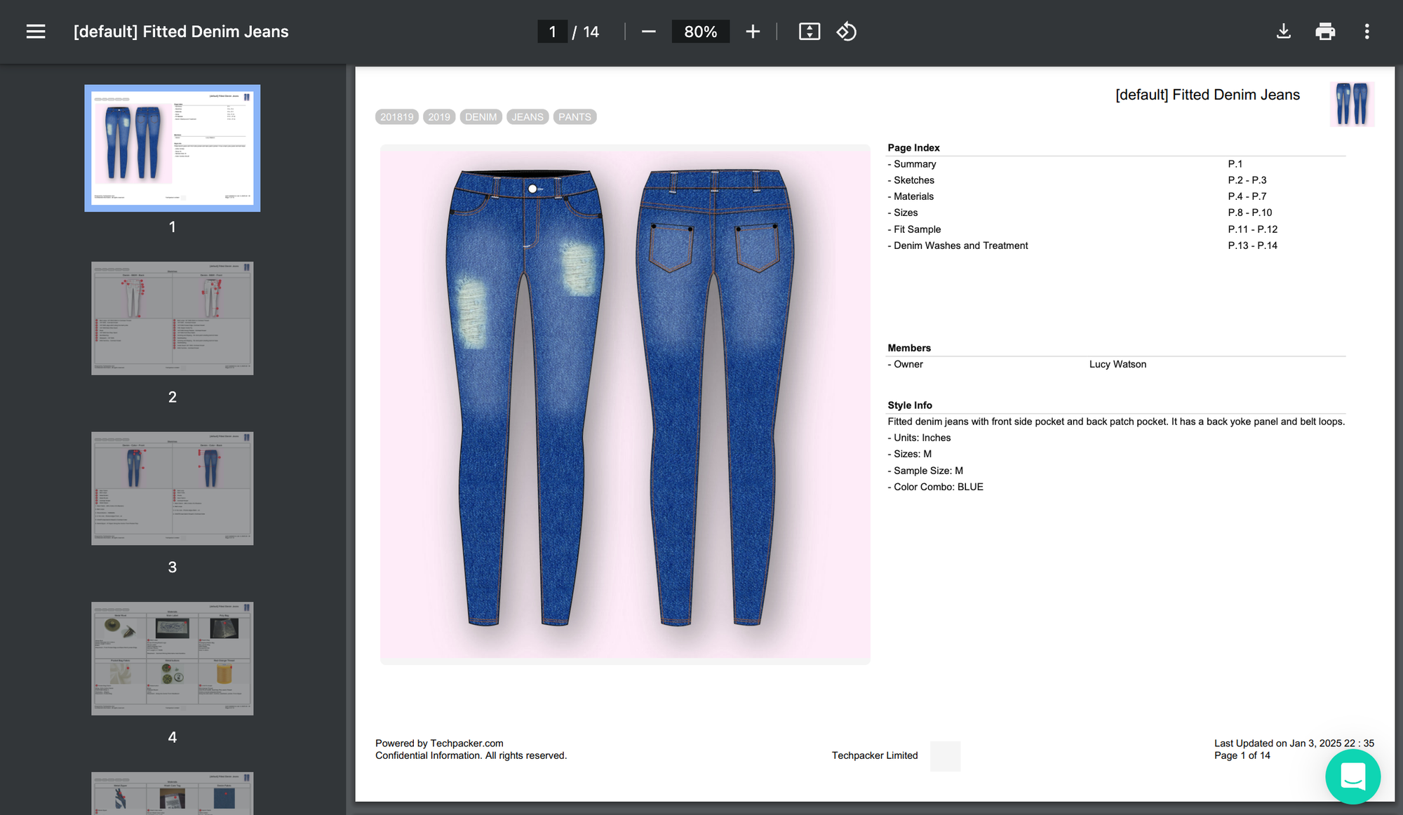 Fitted denim jeans tech pack example