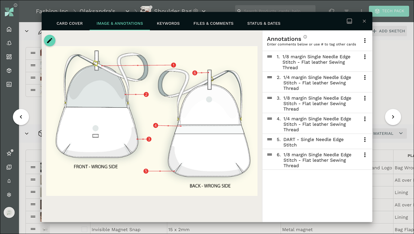 Handbag inside view sketches and construction details