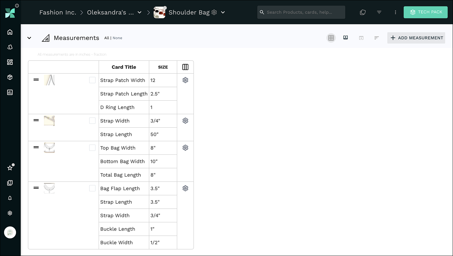 Handbag measurement table