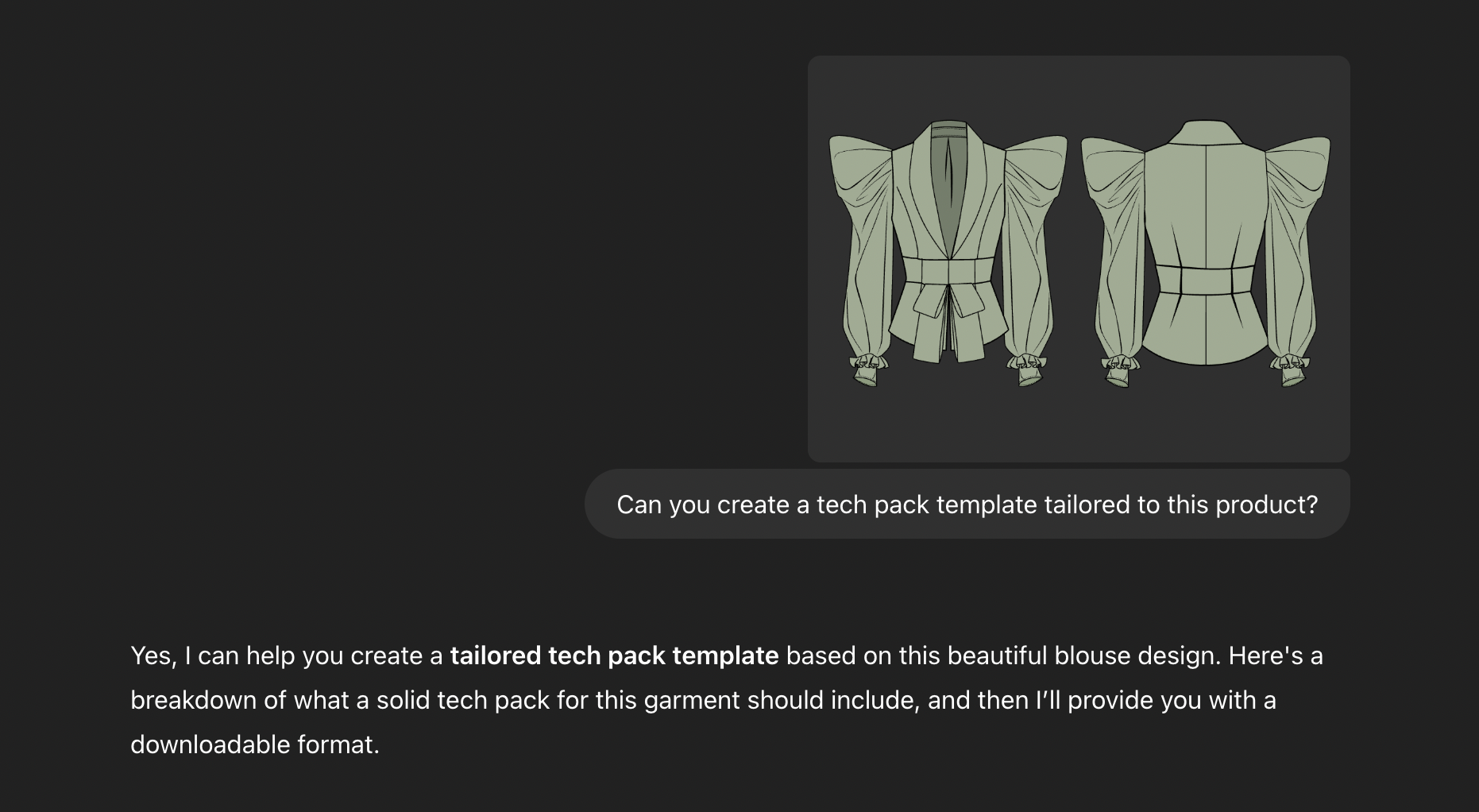ChatGPT conversation on tech pack template creation.