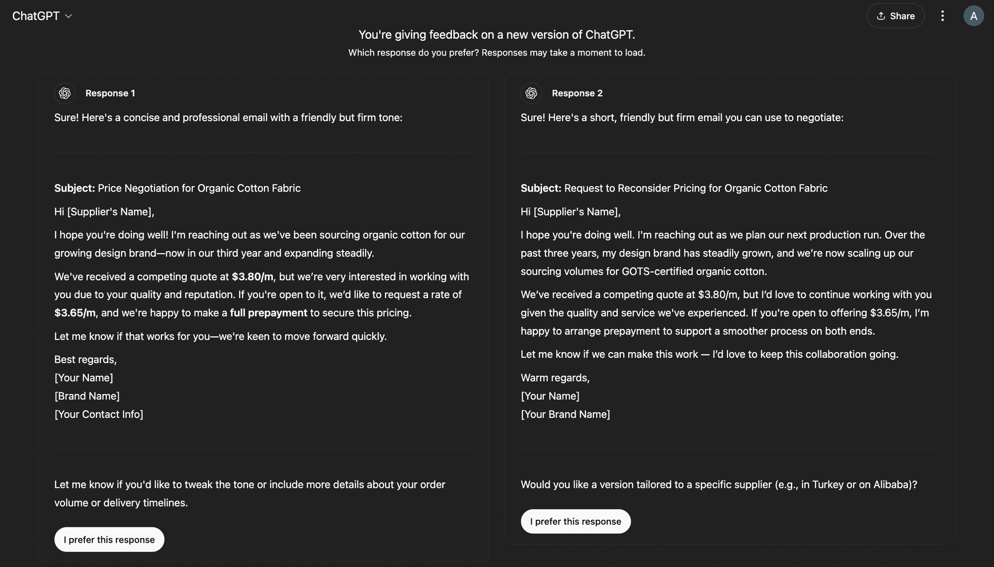 Negotiation email drafts by ChatGPT.
