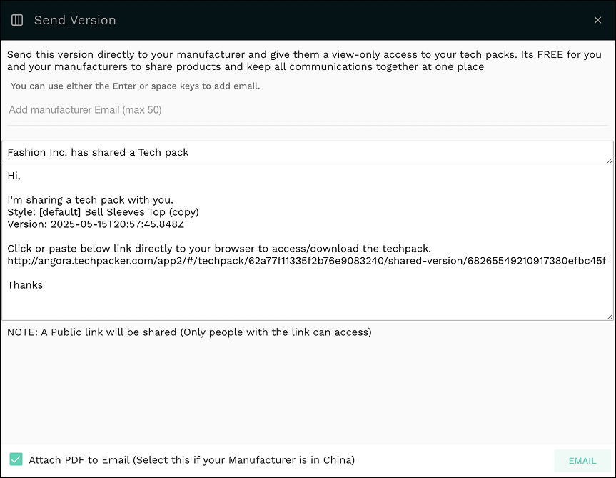 Sharing tech pack with manufacturers on Techapcker.