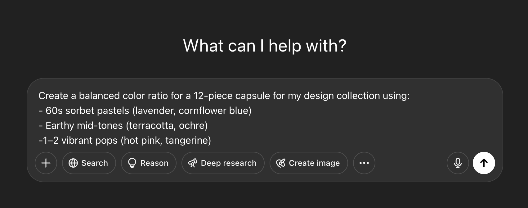 ChatGPT prompt on creating a balanced color ratio for design collection.