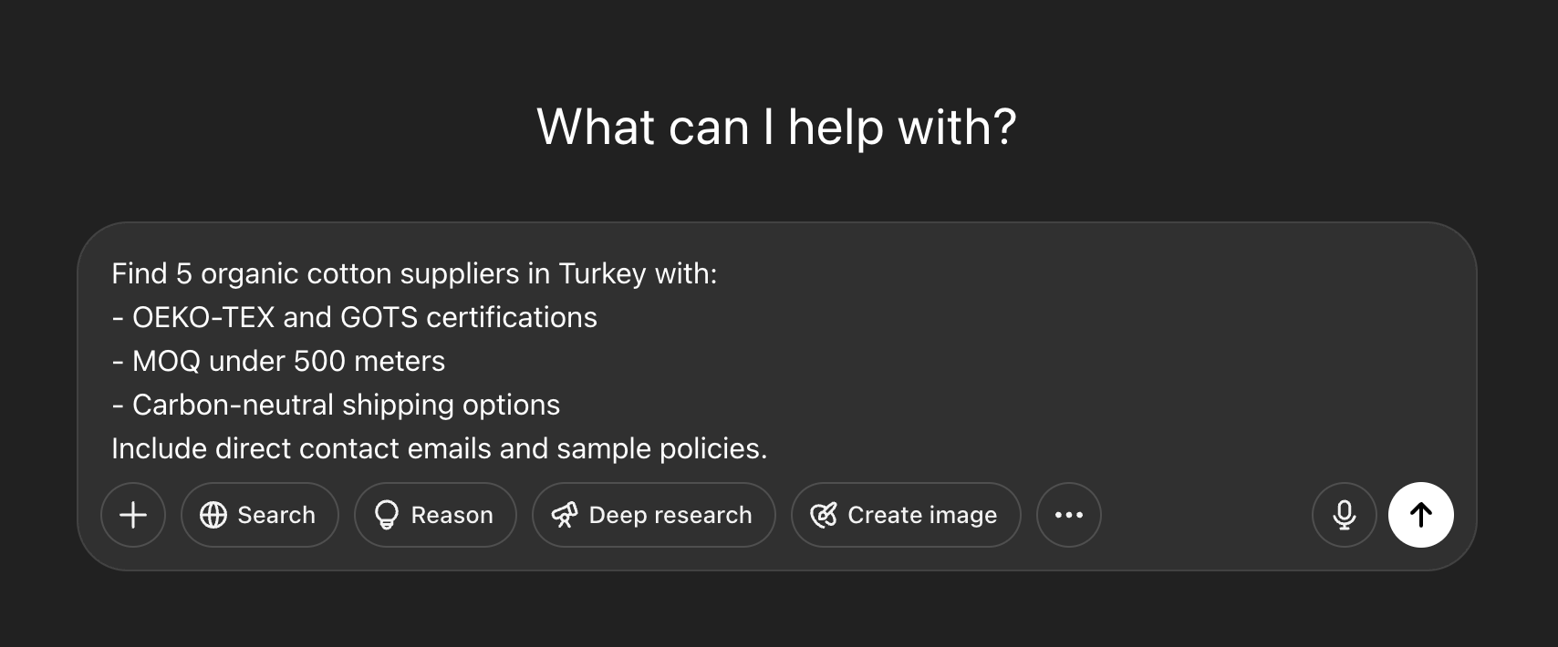 ChatGPT prompt on finding cotton suppliers in Turkey.