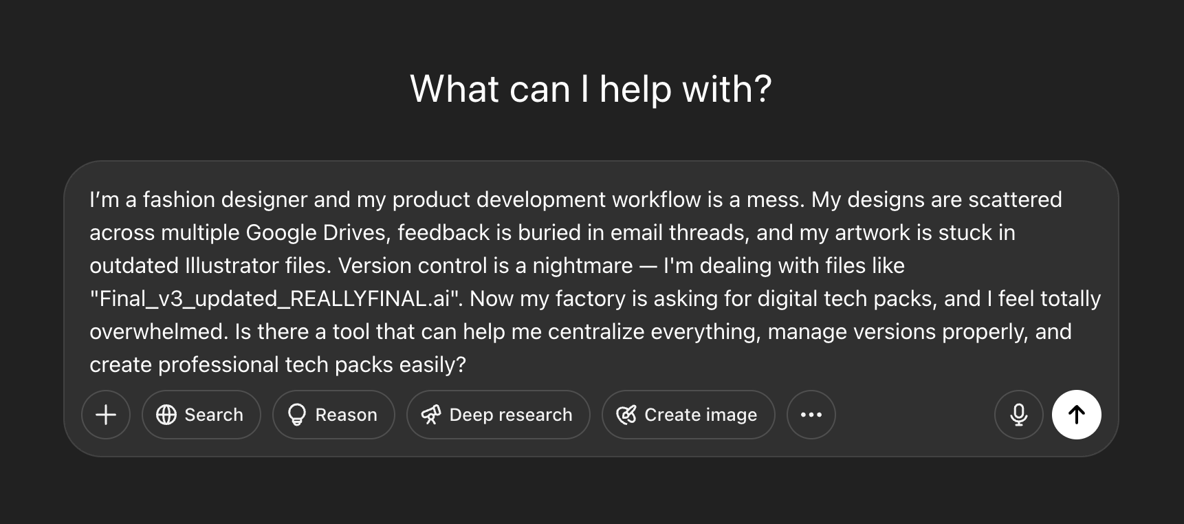 ChatGPT prompt on finding a tech pack creation tool.