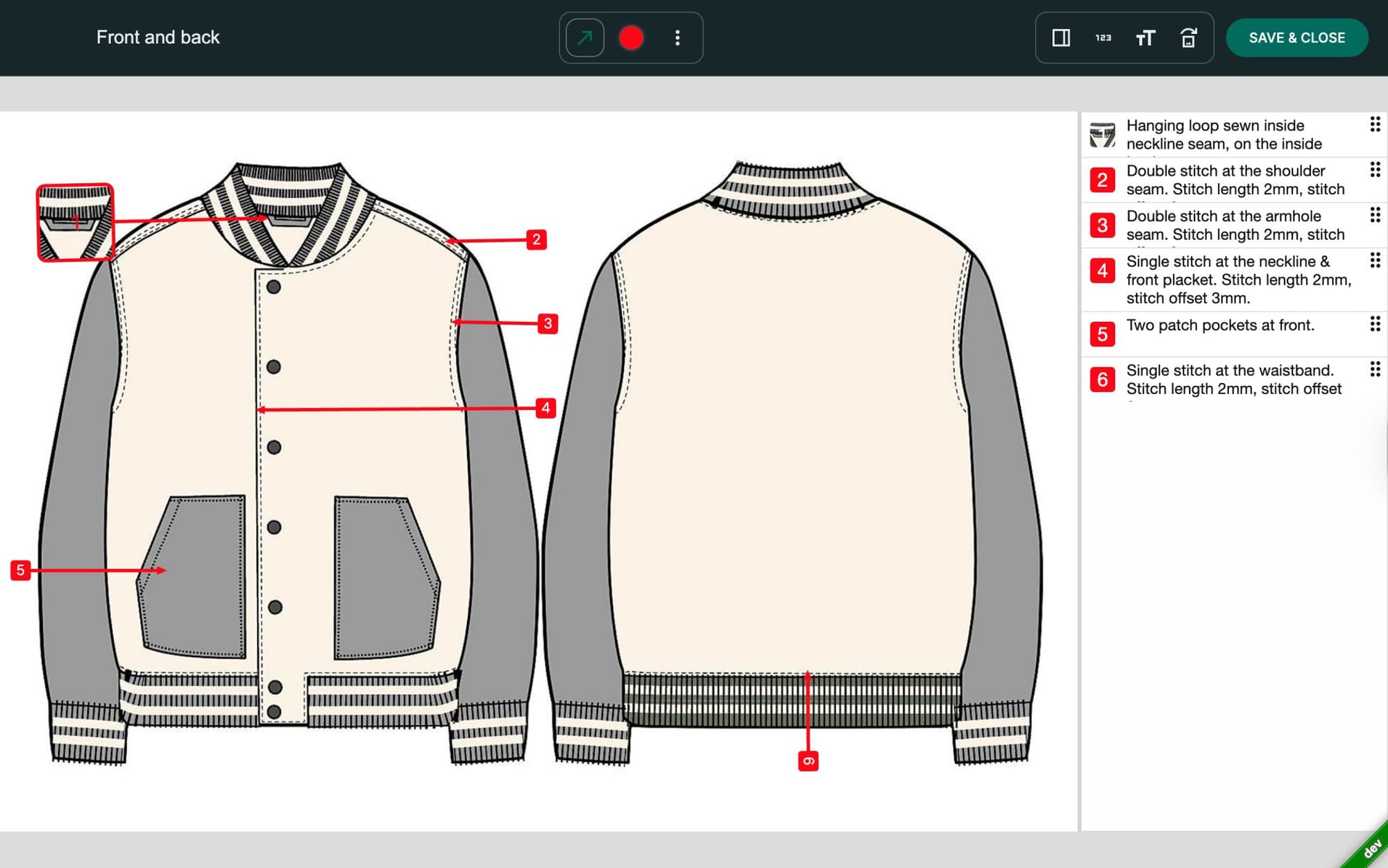 Front and back garment technical sketch with detailed stitching and construction annotations.