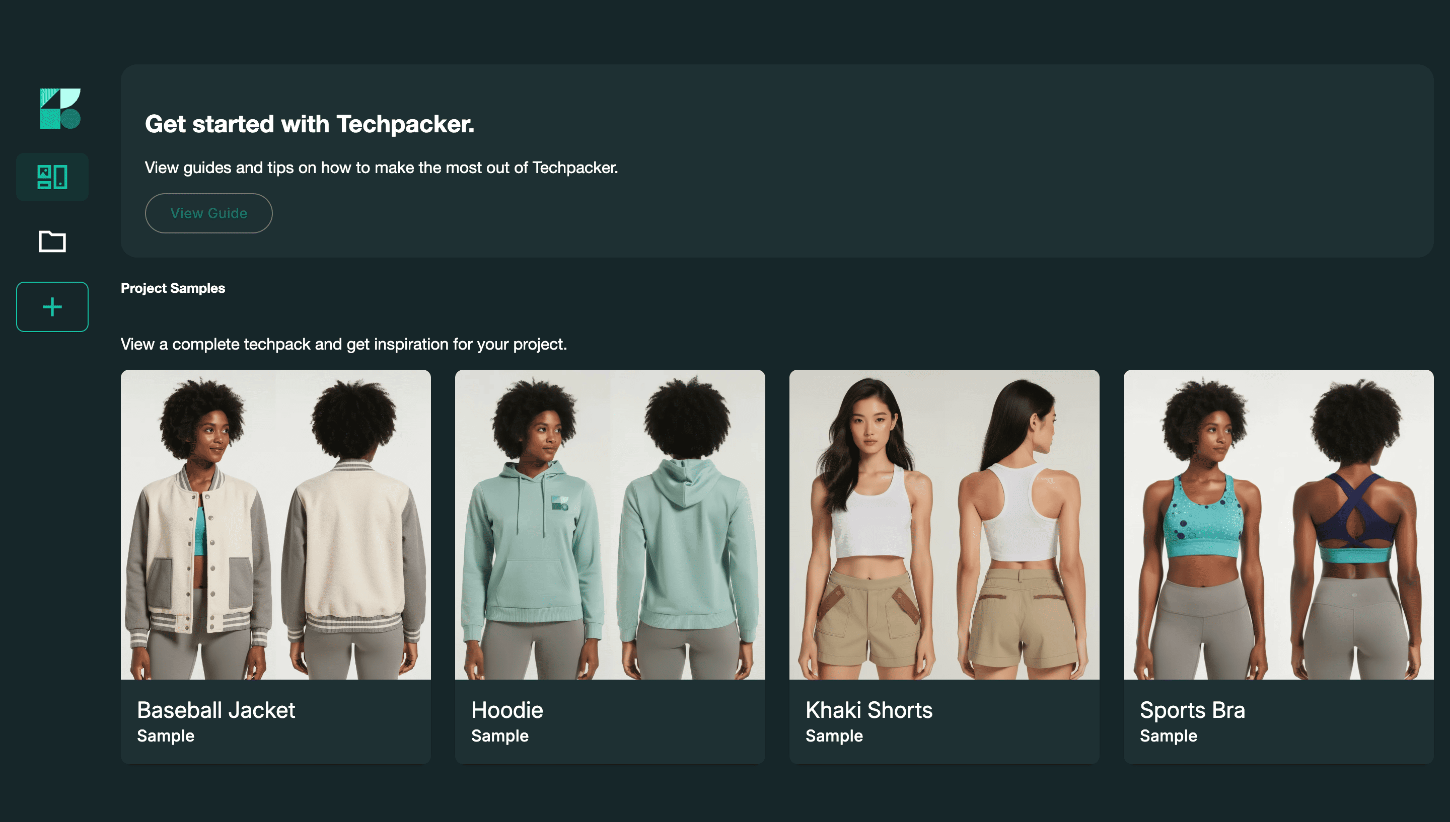 Techpack Builder interface showing organized fashion product samples including jackets, hoodies, shorts, and sports bras.