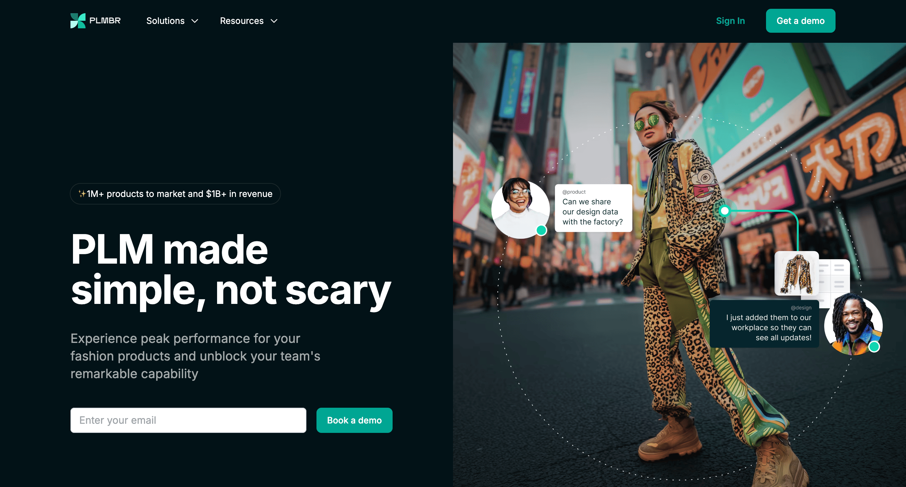 PLMBR website showcasing product lifecycle management for fashion teams with collaboration features.