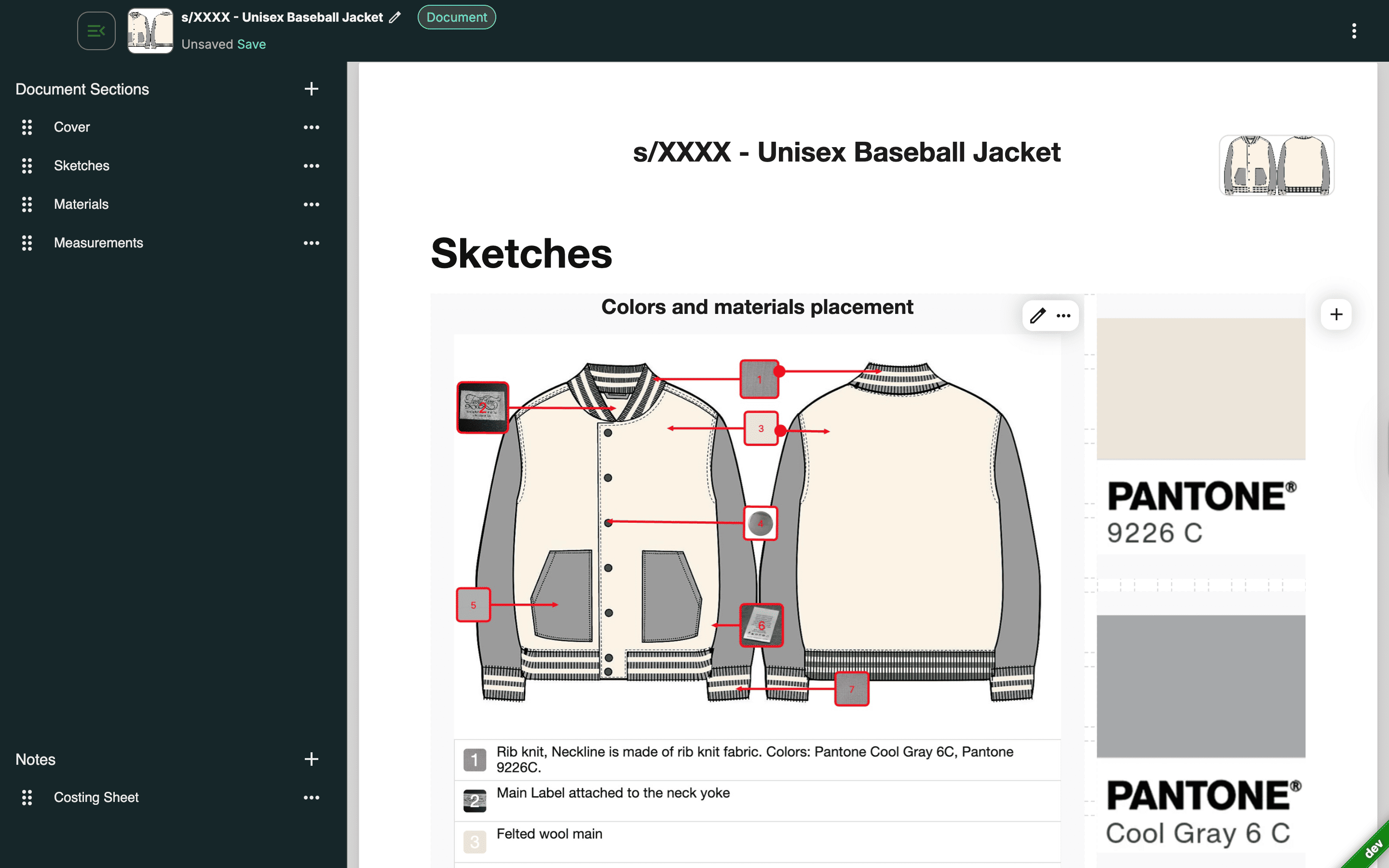 Annotated garment sketch with labeled construction details and material notes in Techpack Builder interface.