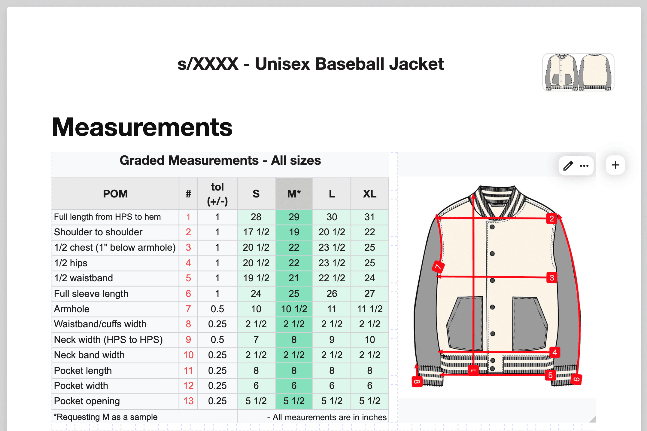 Techpack Builder interface combining measurement table with garment sketch and annotated dimensions.