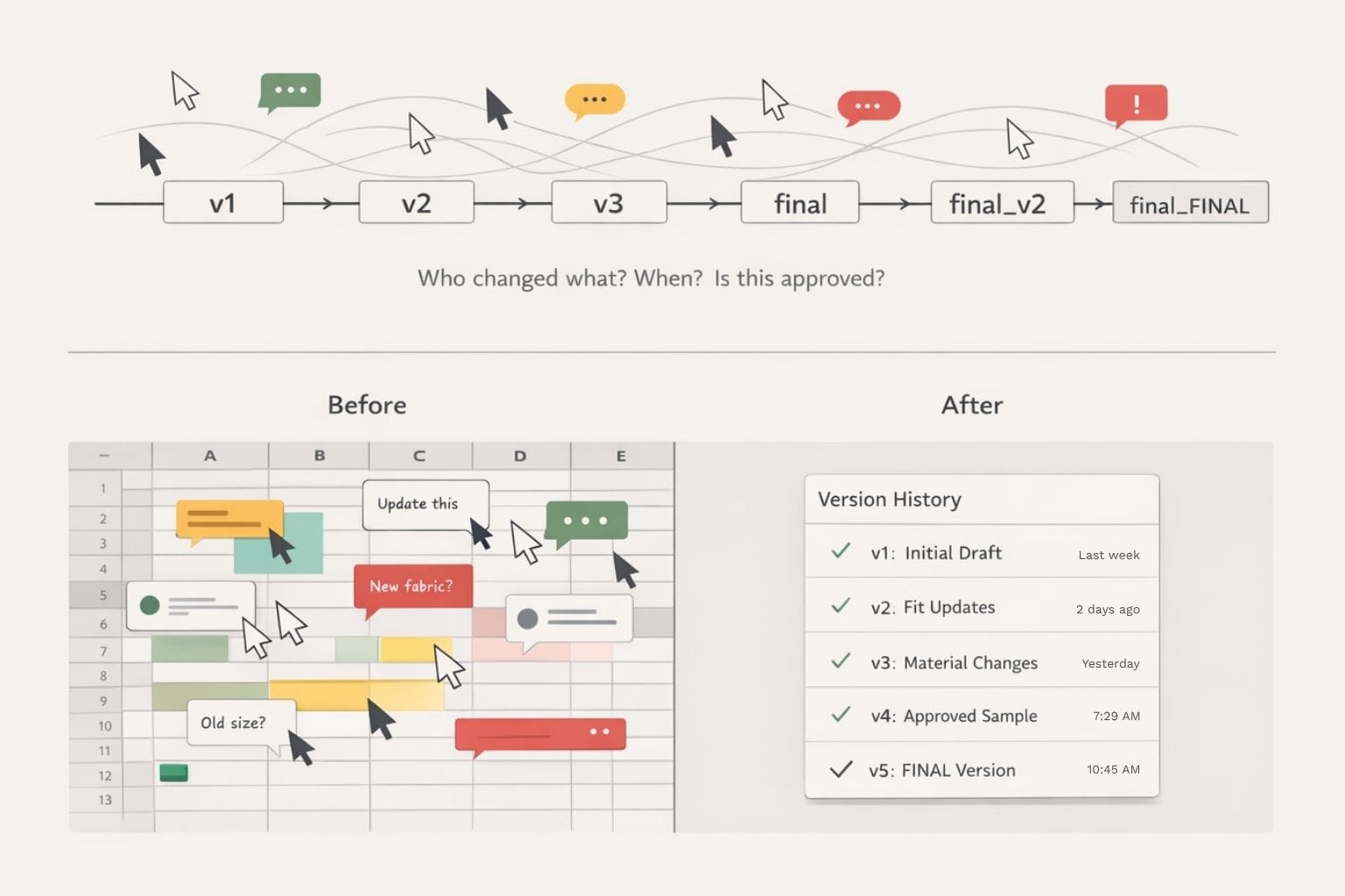 Spreadsheet version chaos with multiple edits and comments compared to structured version history showing clear updates and approvals.