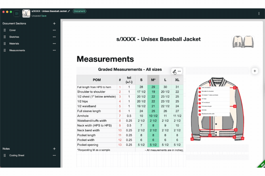 Tech pack system displaying editable measurement tables alongside interactive garment visuals within the same workspace.