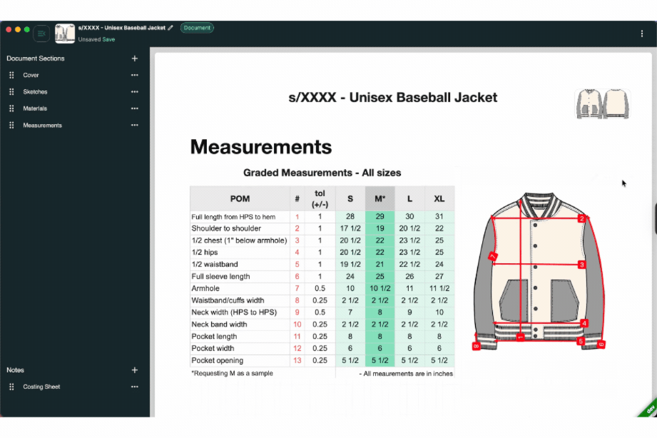 Tech pack interface showing editable garment visuals with measurement annotations and graded specs in a unified workspace.