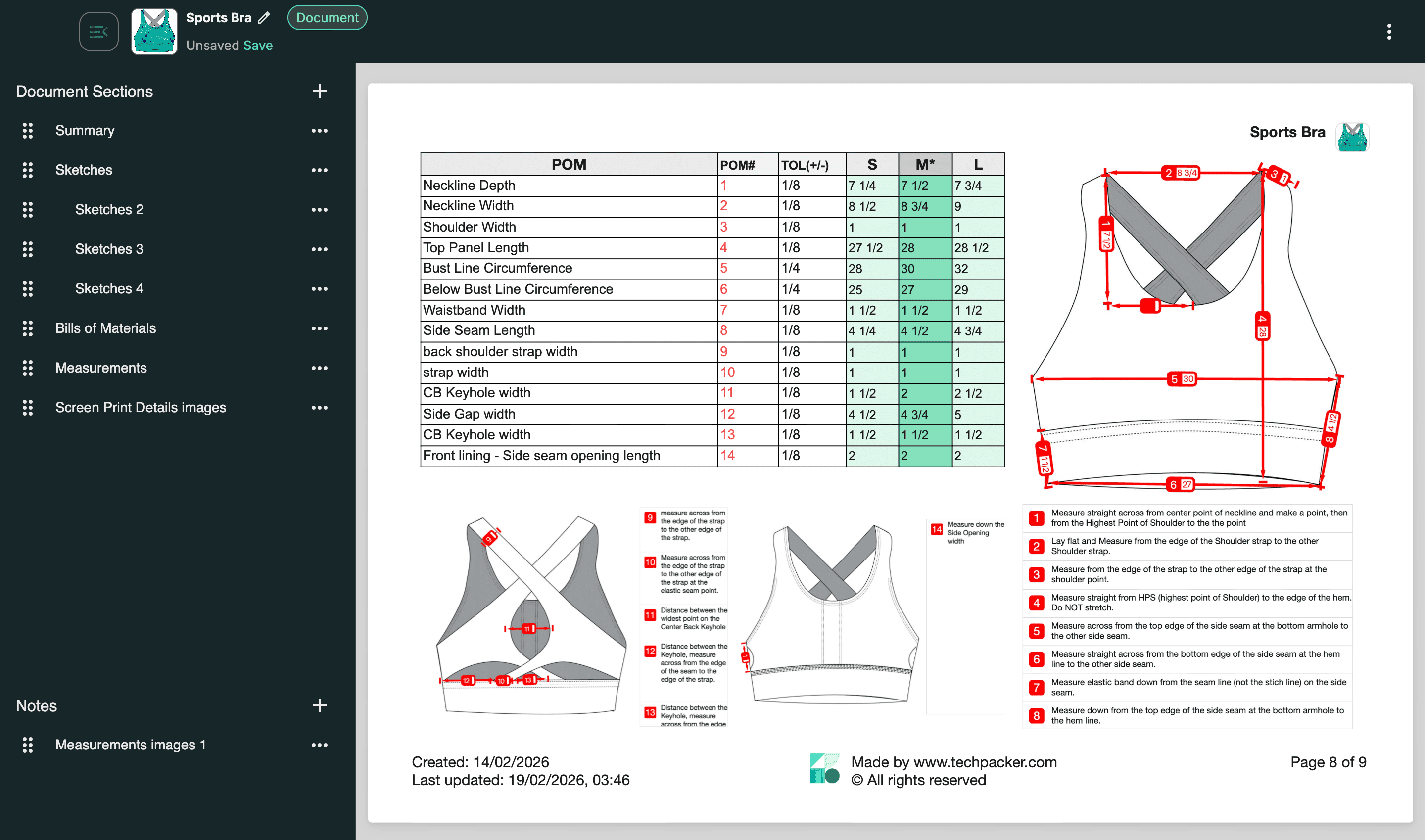 Measurement specifications and grading chart page of a tech pack build on Techpack Builder