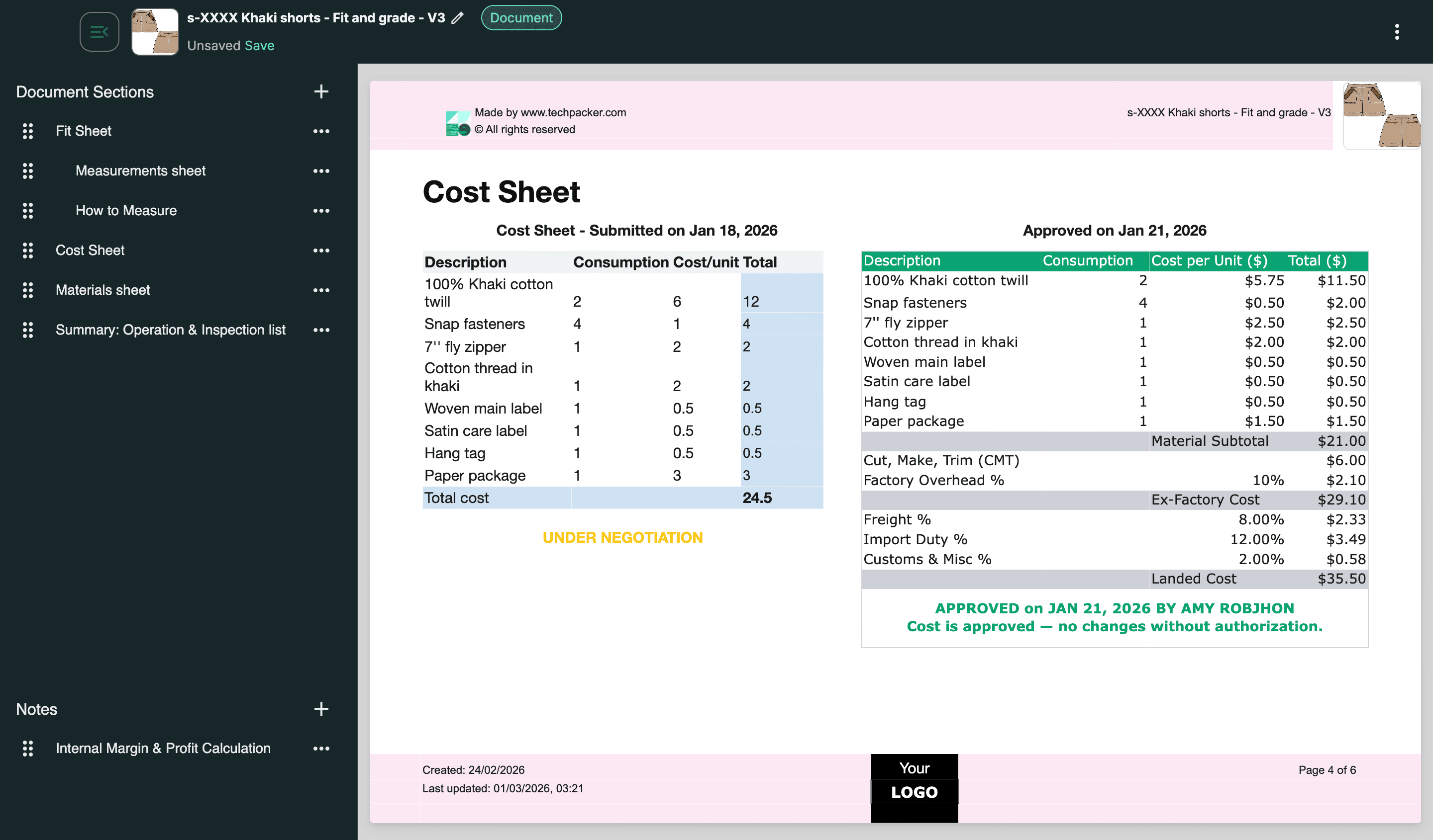 Cost sheet page of a tech pack build on Techpack Builder