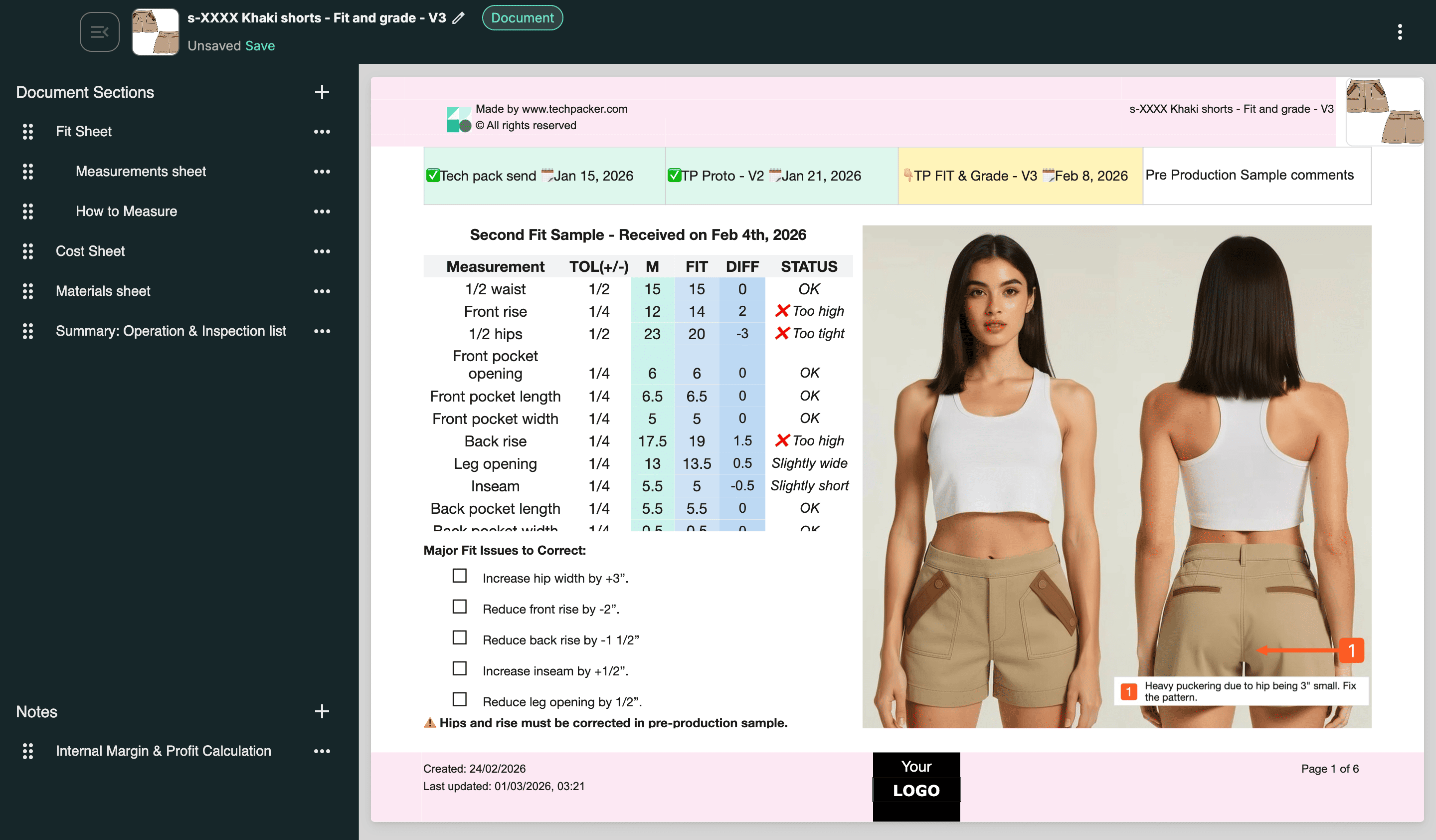 Khakhi Shorts tech pack example built on Techpack Builder