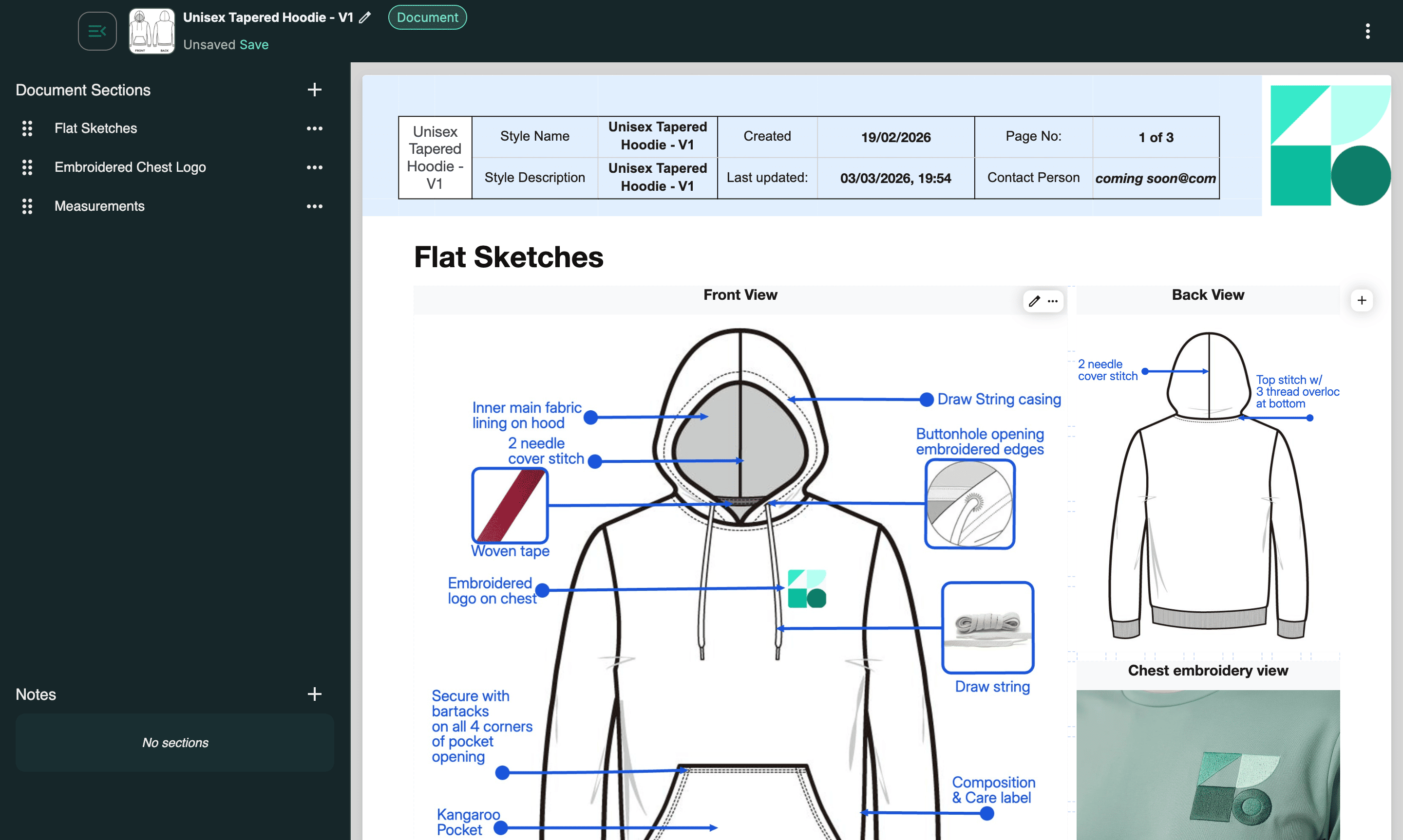 Hoodie tech pack example built on Techpack Builder
