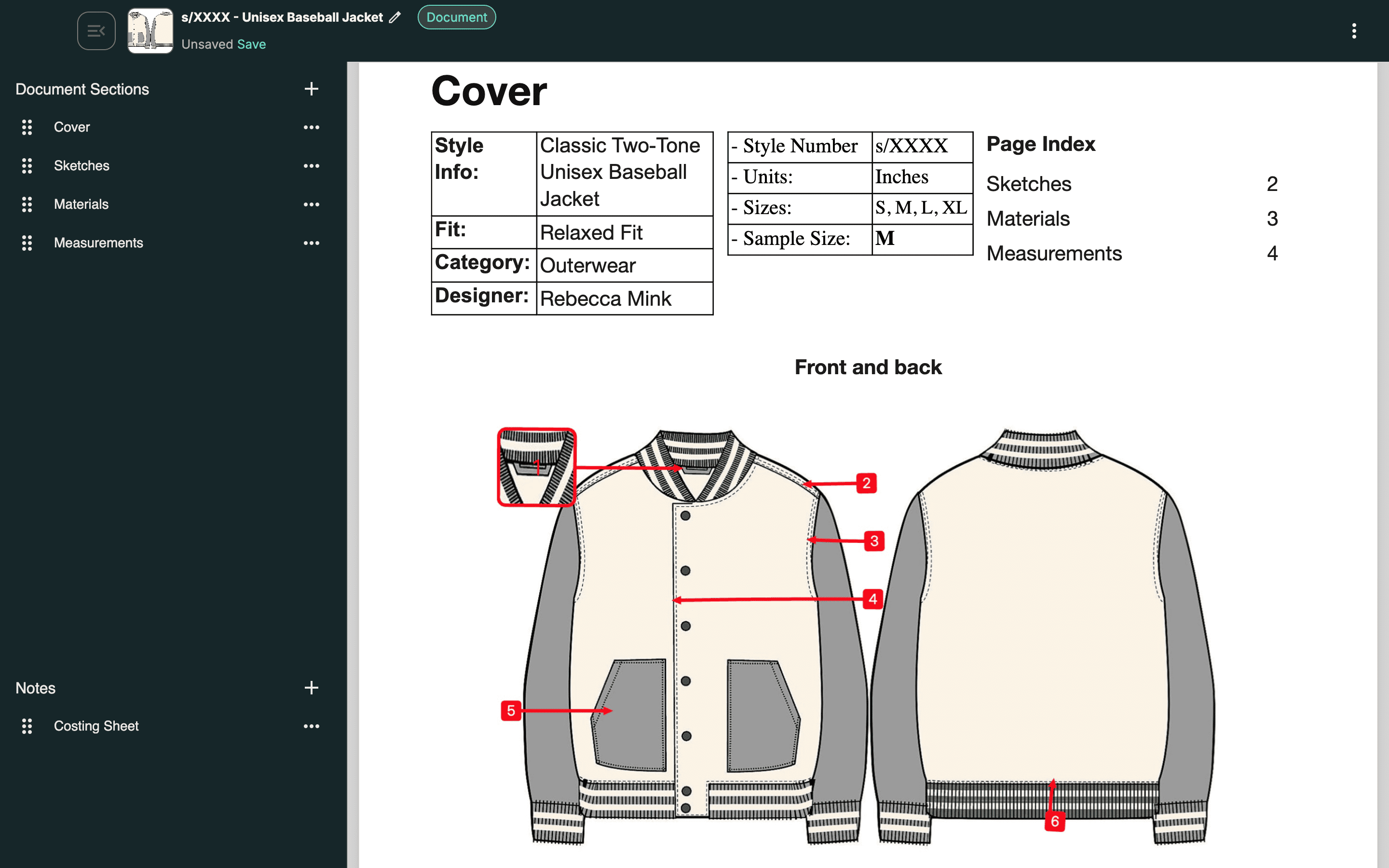 Baseball Jacket tech pack example built on Techpack Builder