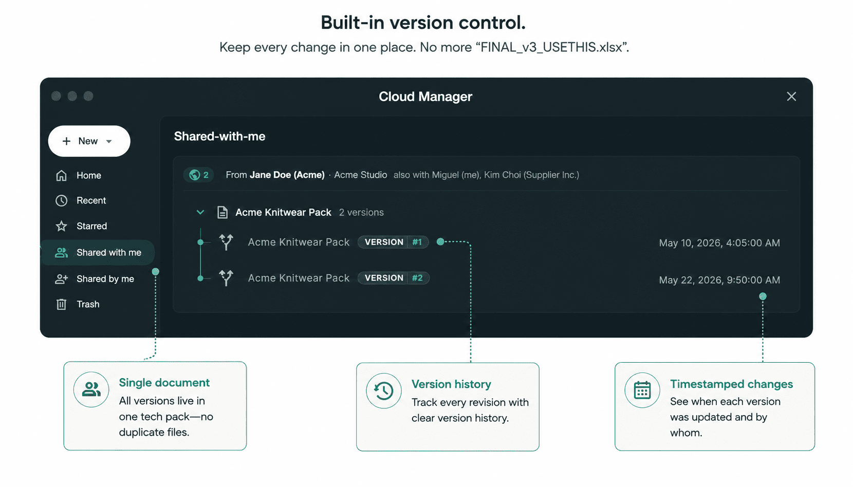 Techpack Builder version history showing multiple revisions of the same tech pack in a single document.