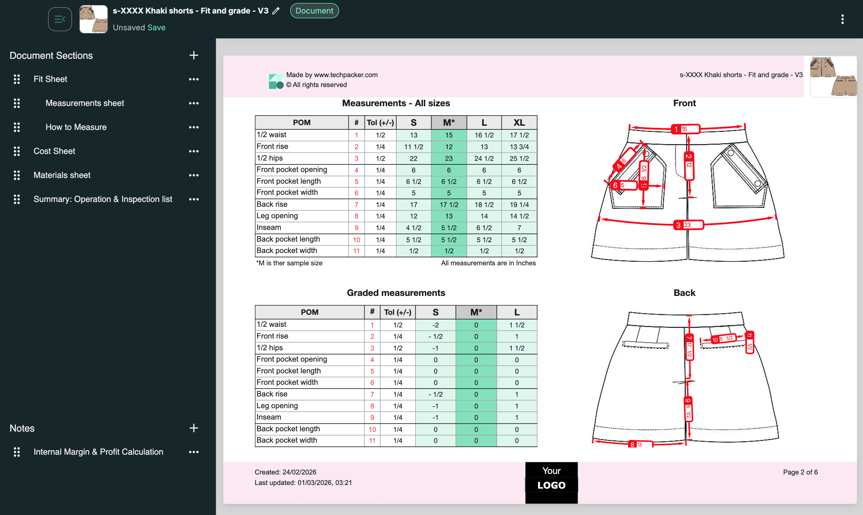 Techpack Builder measurement sheet with graded measurements, garment sketches, and annotated points of measurement.