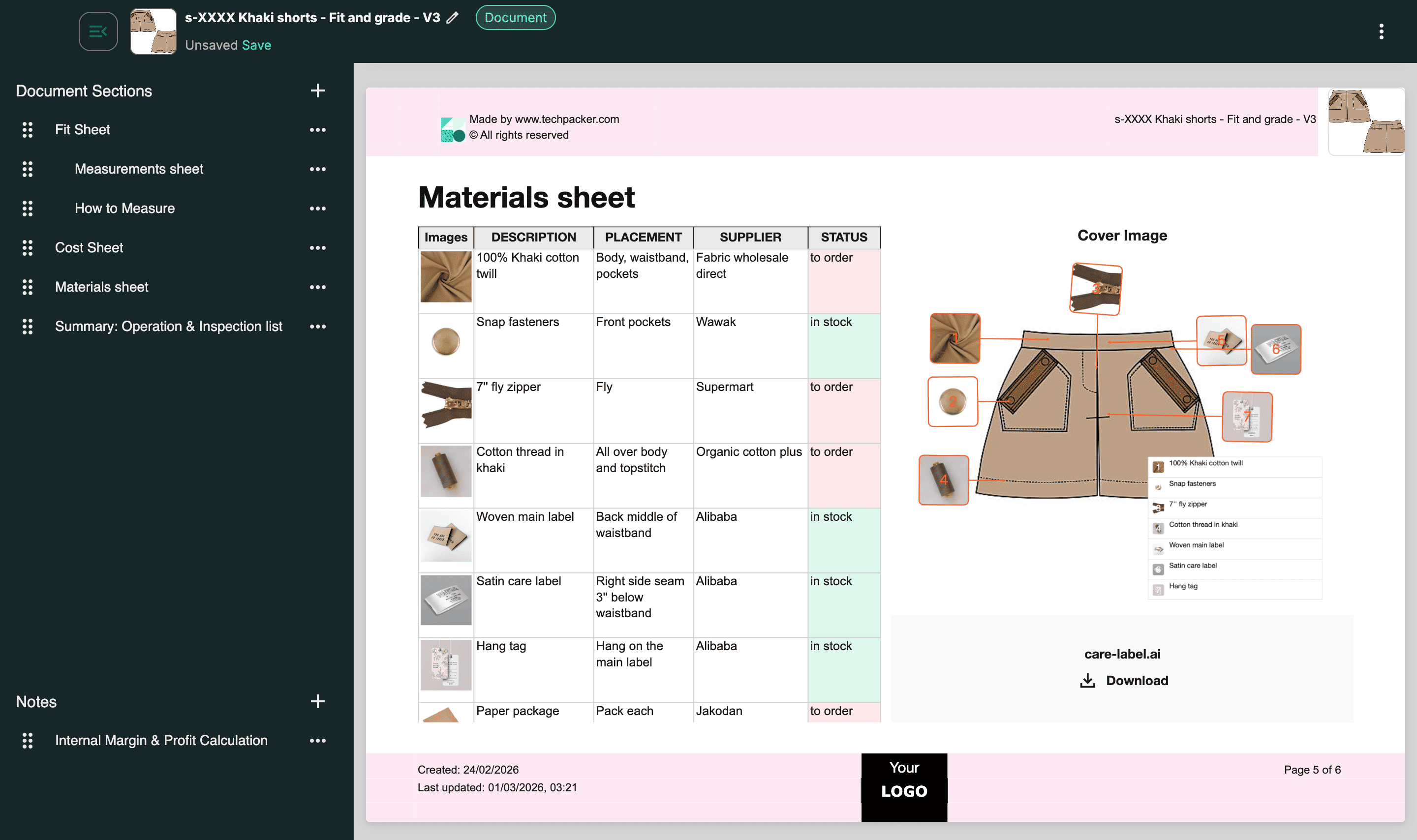 Materials sheet in Techpack Builder displaying fabric, trims, suppliers, placement, and reference images within one document.