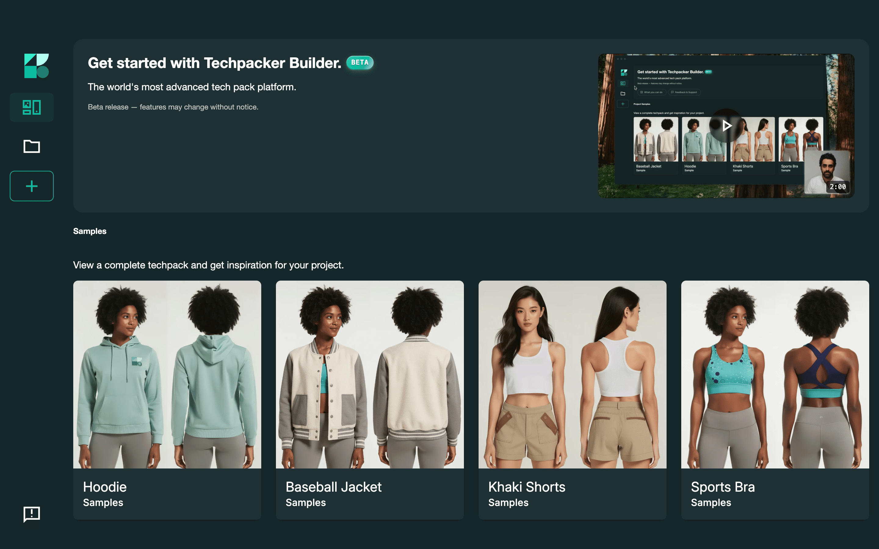 Techpack Builder gallery with reusable tech pack templates for different apparel styles.