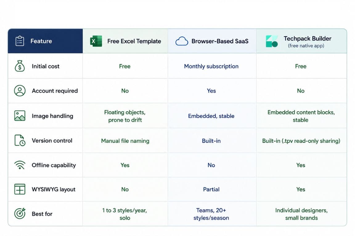 Comparison table of free Excel templates, browser-based SaaS, and Techpack Builder for creating and managing apparel tech packs.