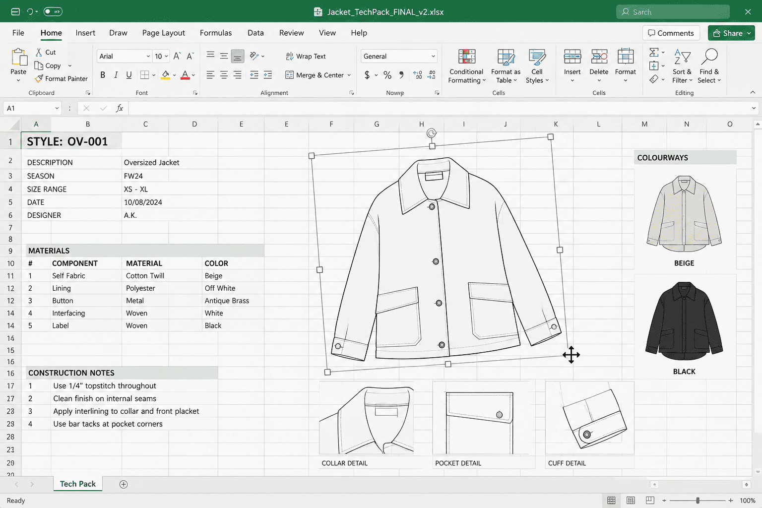 Tech pack created in Excel