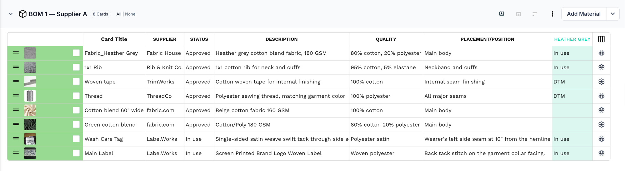 BOM 1 — Supplier A table in PLMBR listing heather grey fabric, rib, woven tape, thread, and labels with suppliers, status, and placement
