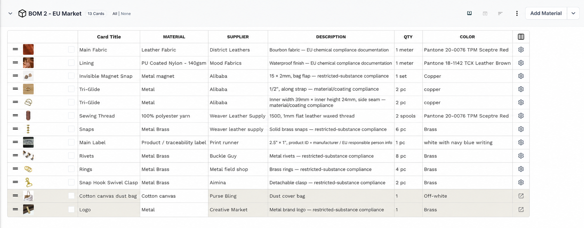BOM 2 — EU Market table in PLMBR with the same materials, plus EU chemical, restricted-substance, and coating compliance notes and a traceability label