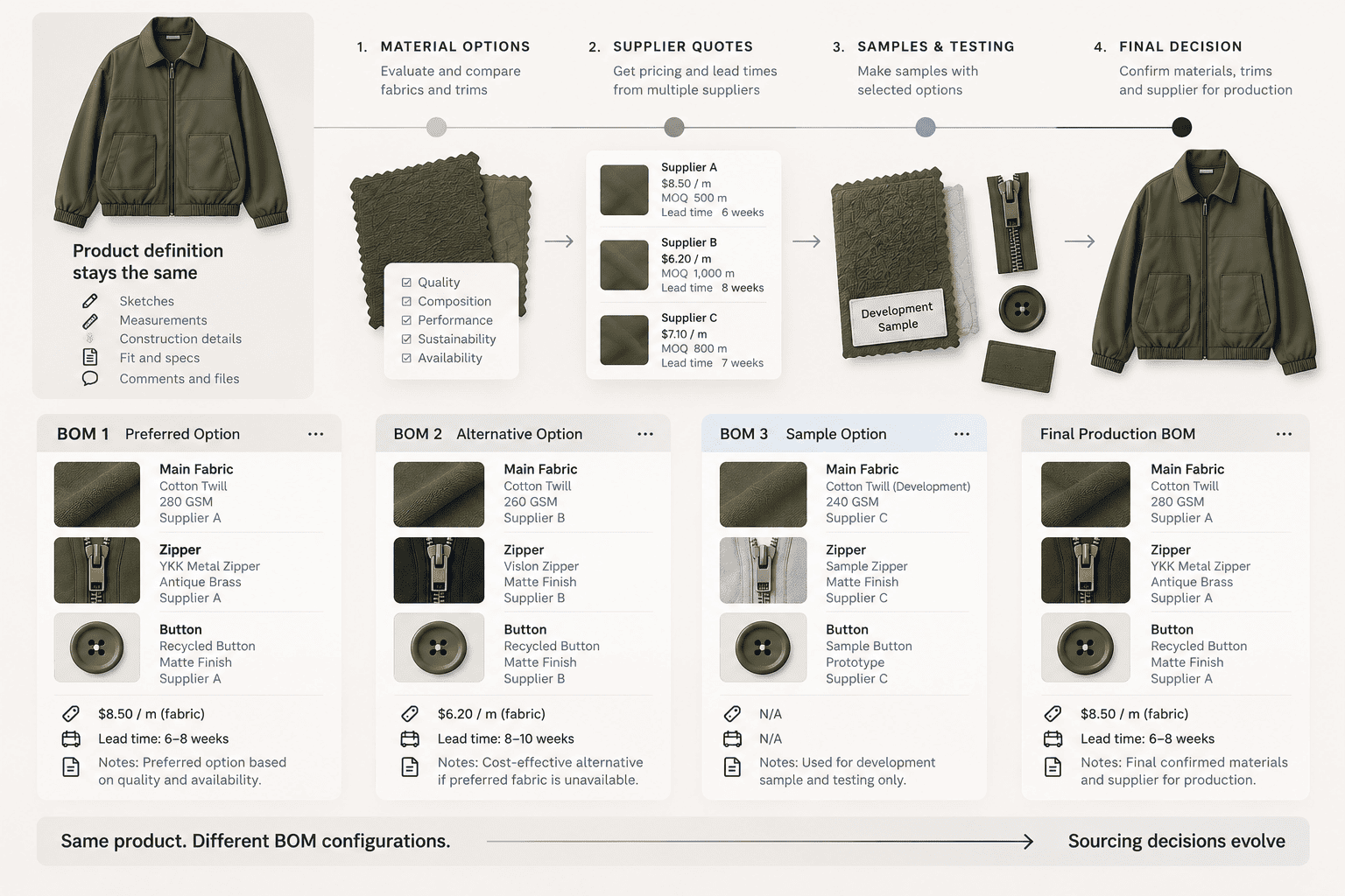 Timeline of a jacket moving from material options to supplier quotes, samples and testing, and a final decision, with a preferred, alternative, sample, and final production BOM shown below