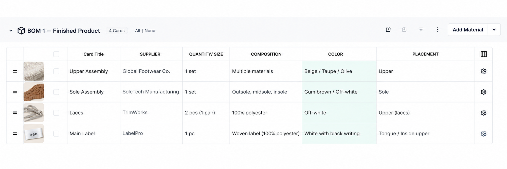 BOM 1 — Finished Product table in PLMBR listing upper assembly, sole assembly, laces, and main label