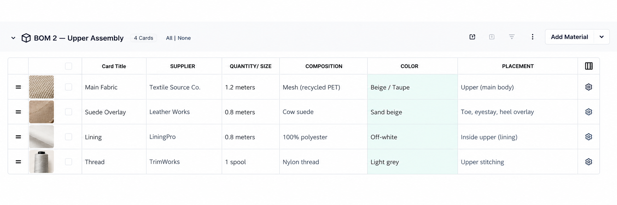 BOM 2 — Upper Assembly table in PLMBR listing mesh main fabric, suede overlay, lining, and thread