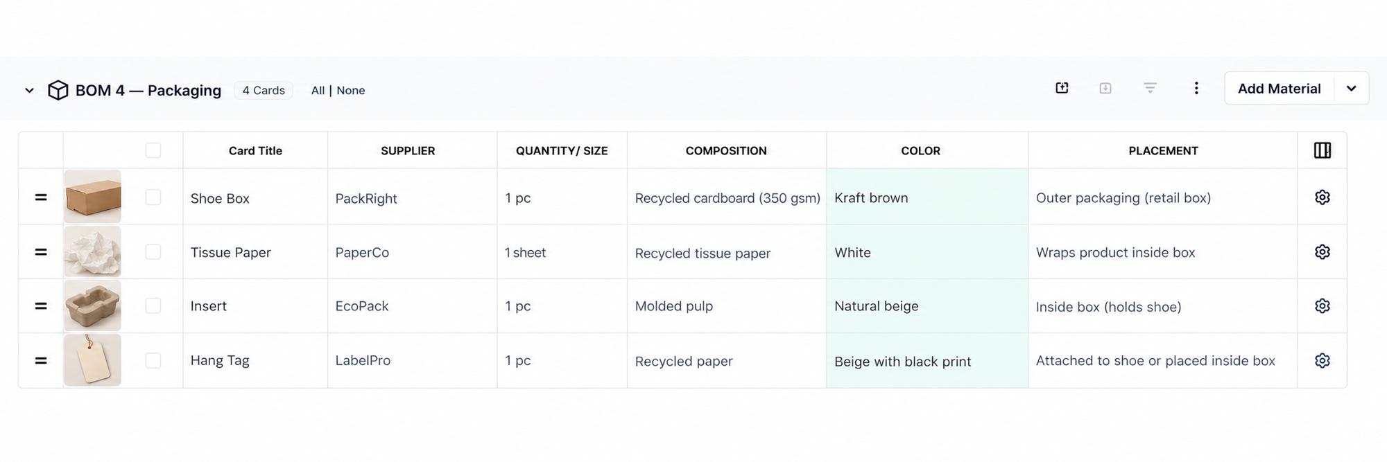 BOM 4 — Packaging table in PLMBR listing shoe box, tissue paper, insert, and hang tag