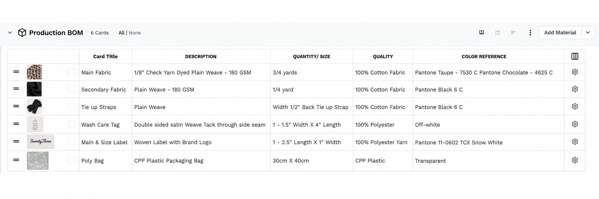 Production BOM table in PLMBR for the bell sleeves top, with updated fabric colors, a double-sided wash care tag, and a woven main label