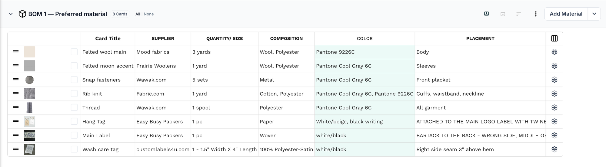 BOM 1 — Preferred material table in PLMBR listing felted wool main fabric, felted moon accent, snap fasteners, rib knit, thread, hang tag, and labels