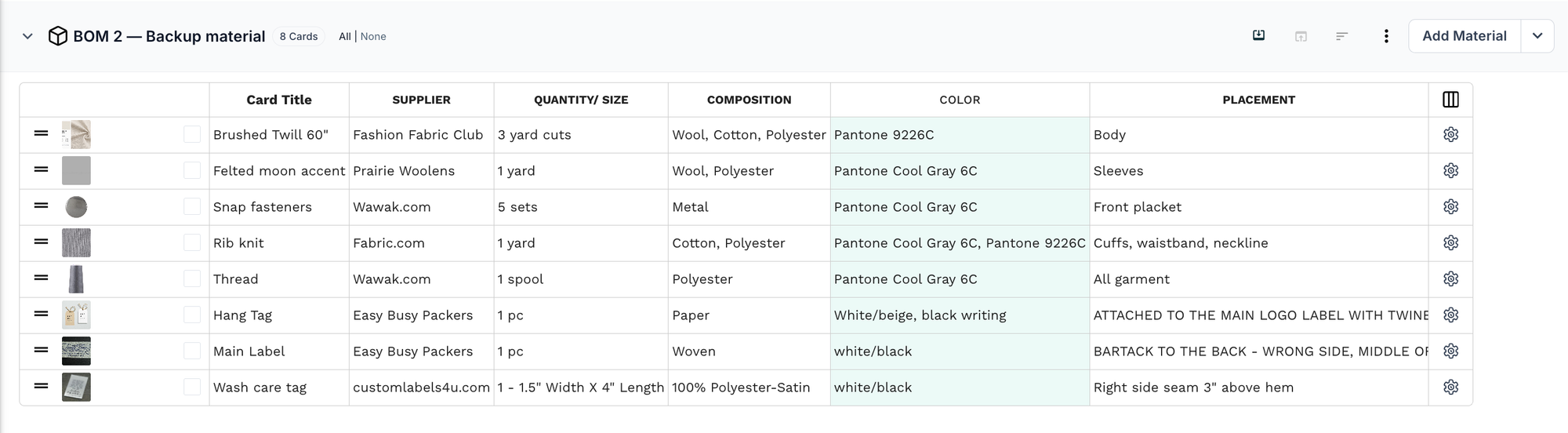 BOM 2 — Backup material table in PLMBR with brushed twill main fabric and the same accent fabric, trims, and labels