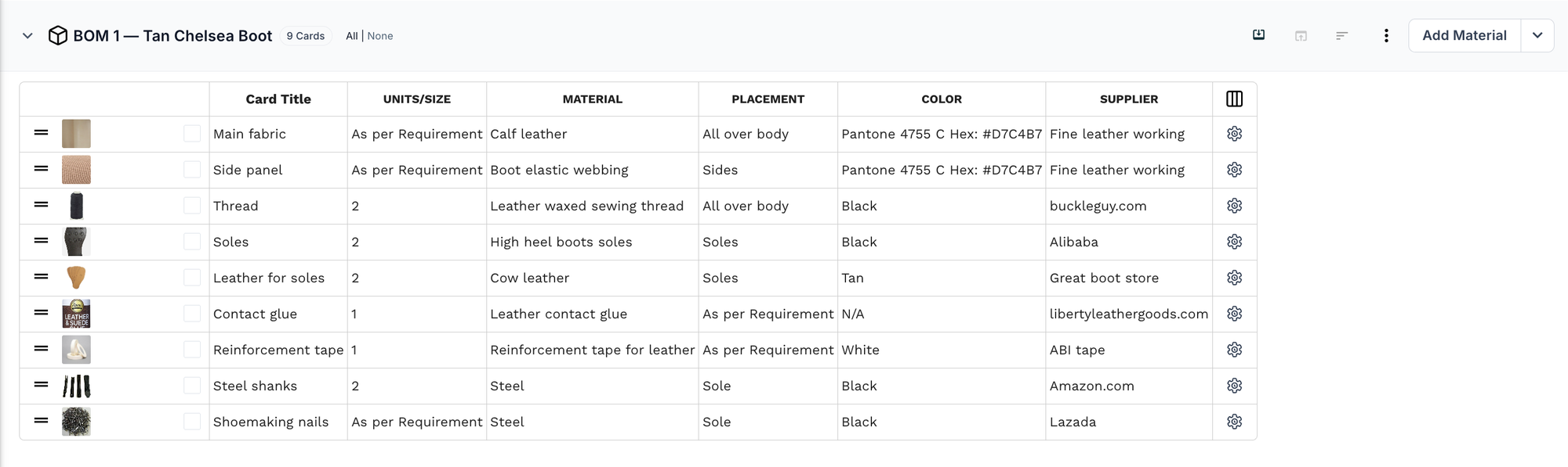 BOM 1 — Tan Chelsea Boot table in PLMBR with tan calf leather, tan elastic webbing, and white reinforcement tape