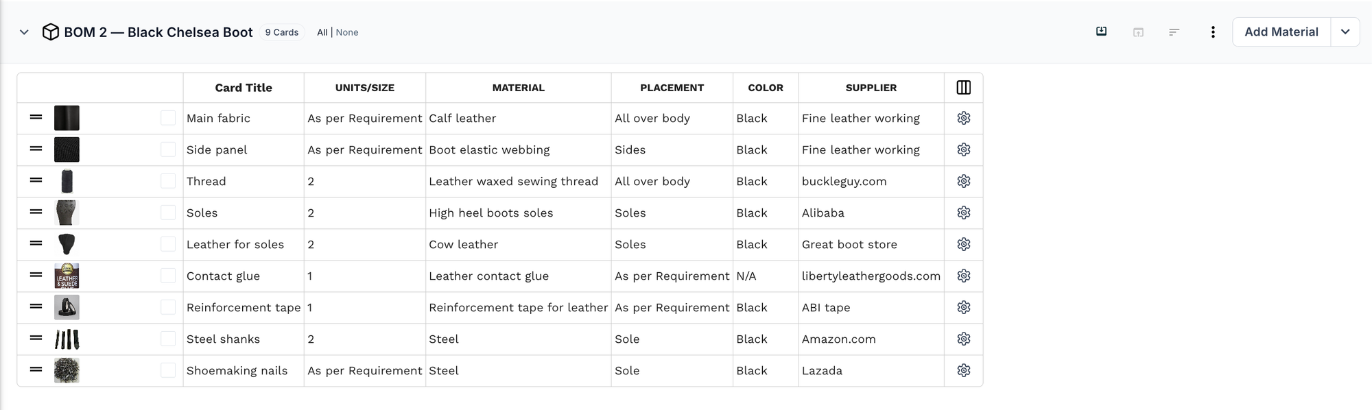BOM 2 — Black Chelsea Boot table in PLMBR with black calf leather, black elastic webbing, black leather for soles, and black reinforcement tape