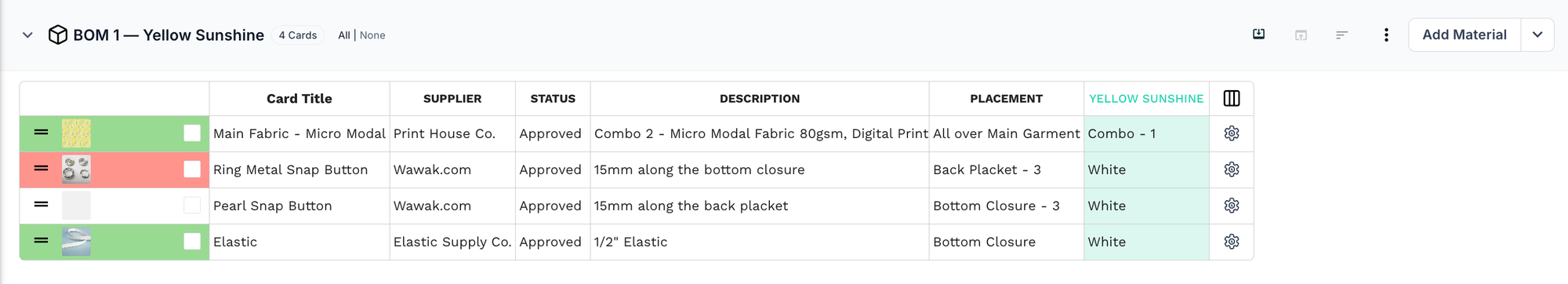 BOM 1 — Yellow Sunshine table in PLMBR with micro modal main fabric, ring metal snap buttons, pearl snap buttons, and elastic